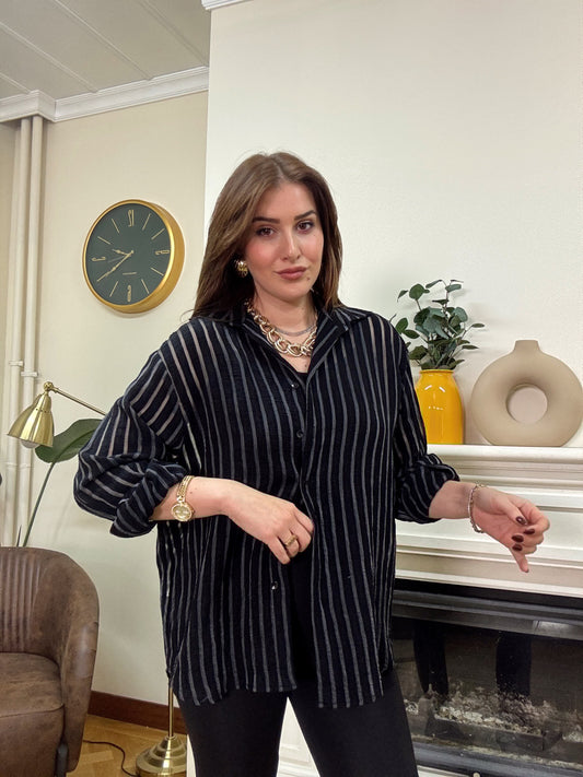 Transparan içi atletli şeritli  oversize gömlek SİYAH