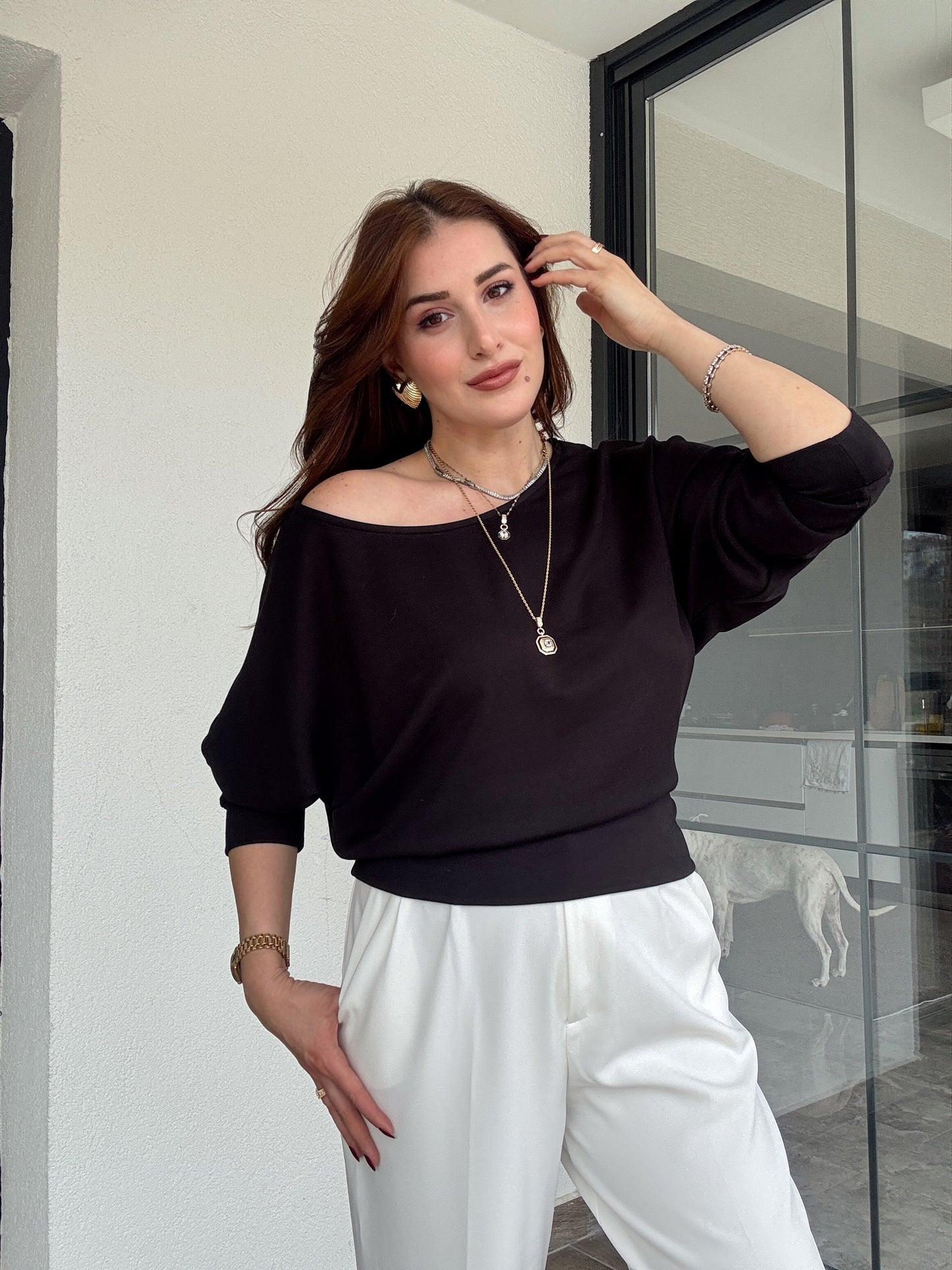 Kayık yaka modal kumaş bluz-SİYAH