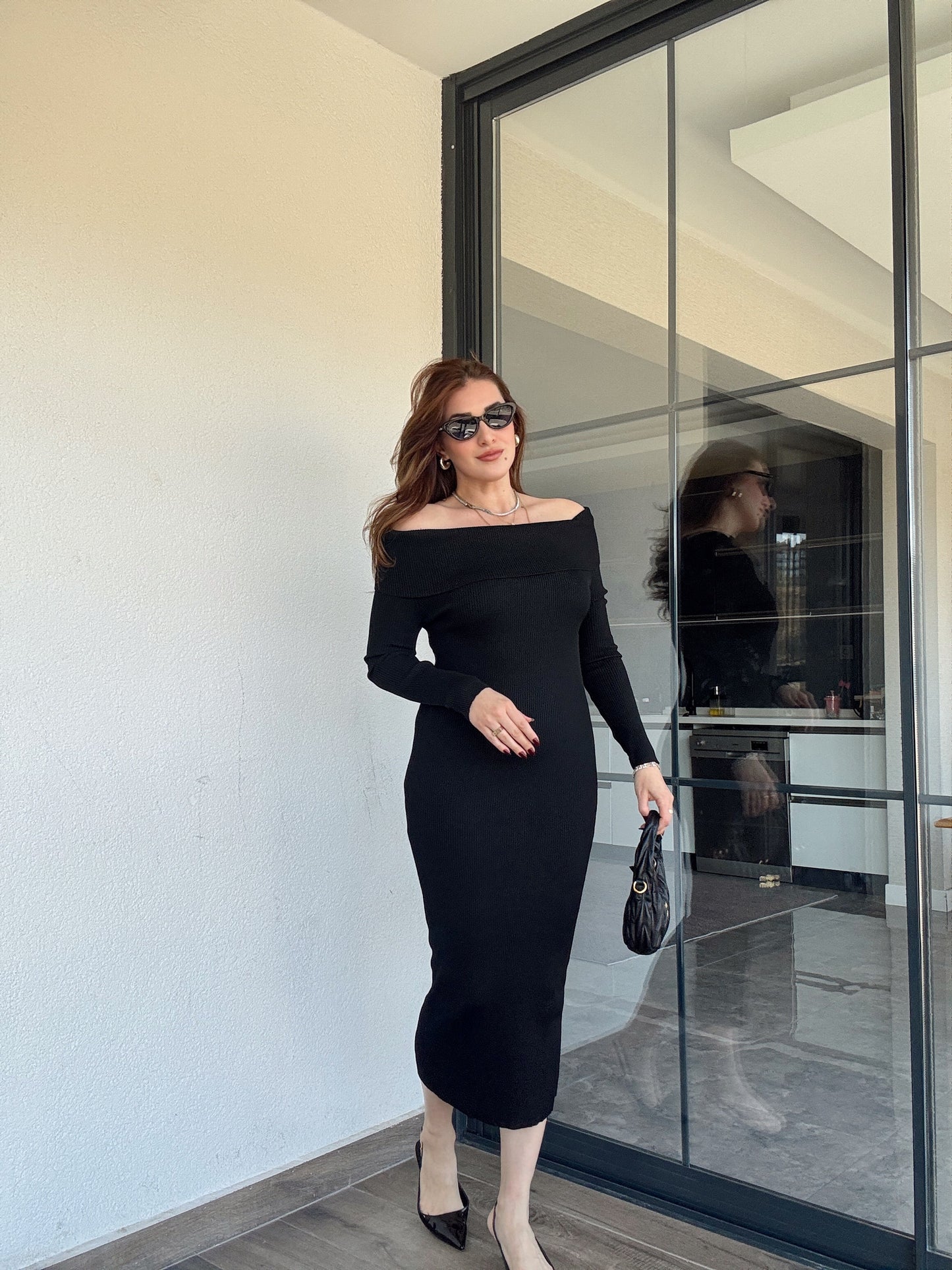 Madonna yaka triko elbise-SİYAH