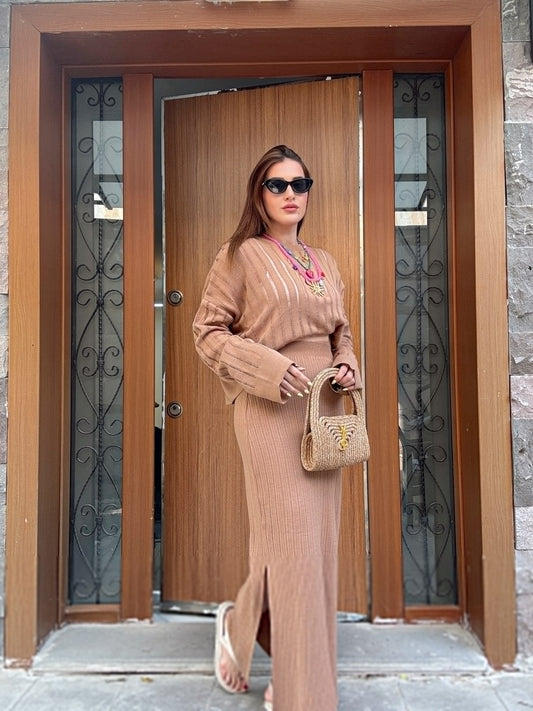 Ajur desenli mevsimlik ikili triko takım CAMEL