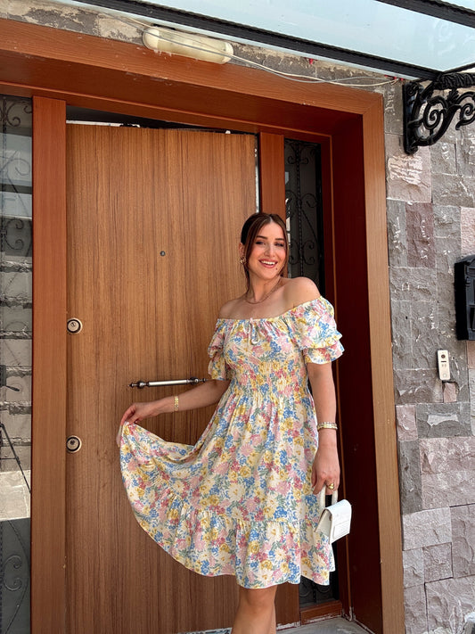 Madonna yaka gipeli elbise -SARI