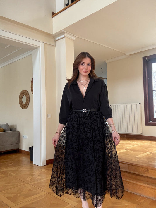 Dal desen astarlı şifon etek Siyah