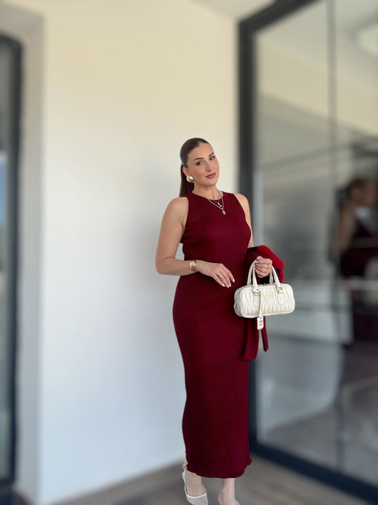 Yaka Peluş Taşlı Jile Takım Bordo