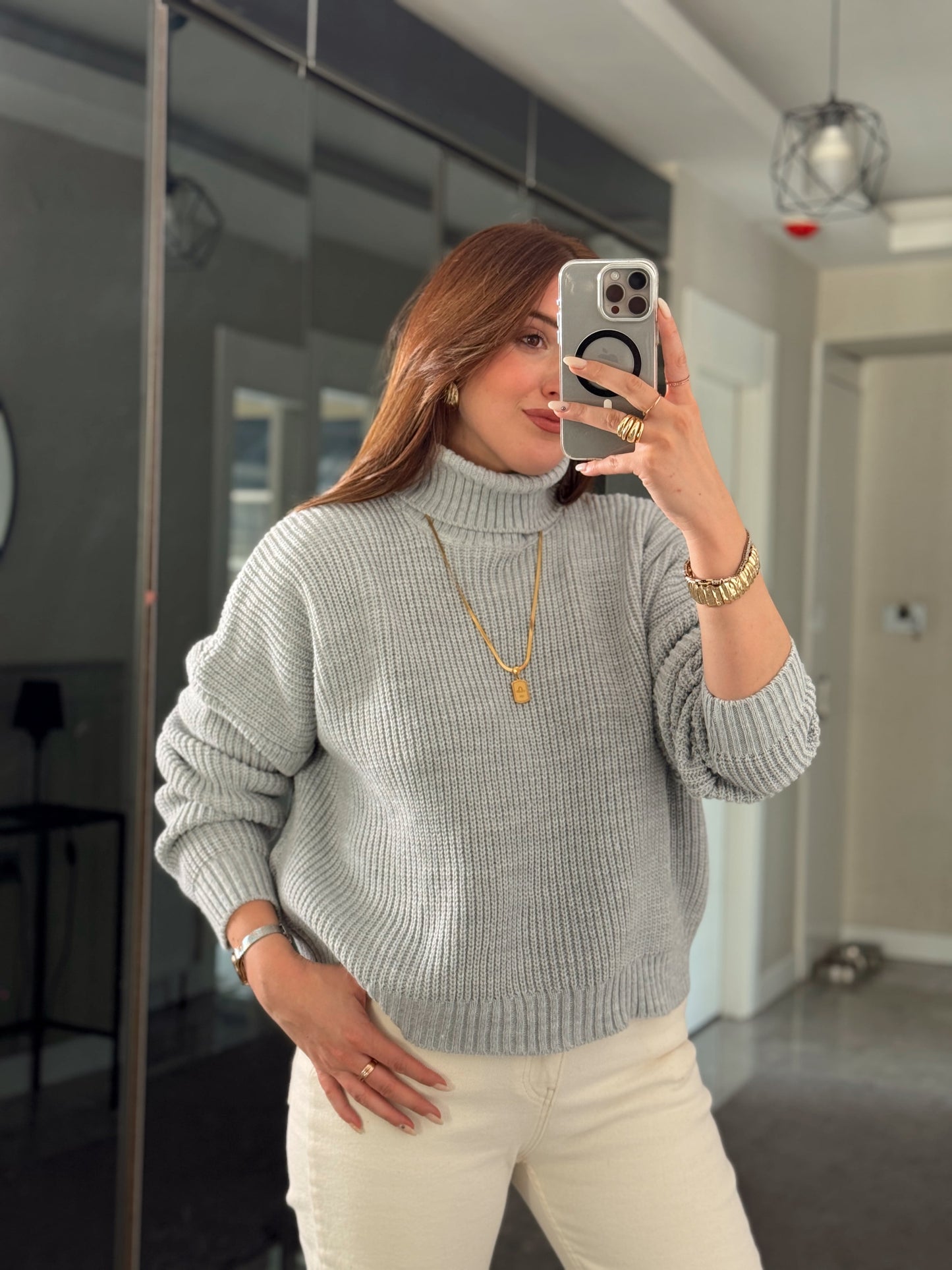 Balıkçı Yaka Selanik Örgü Kazak GRİ