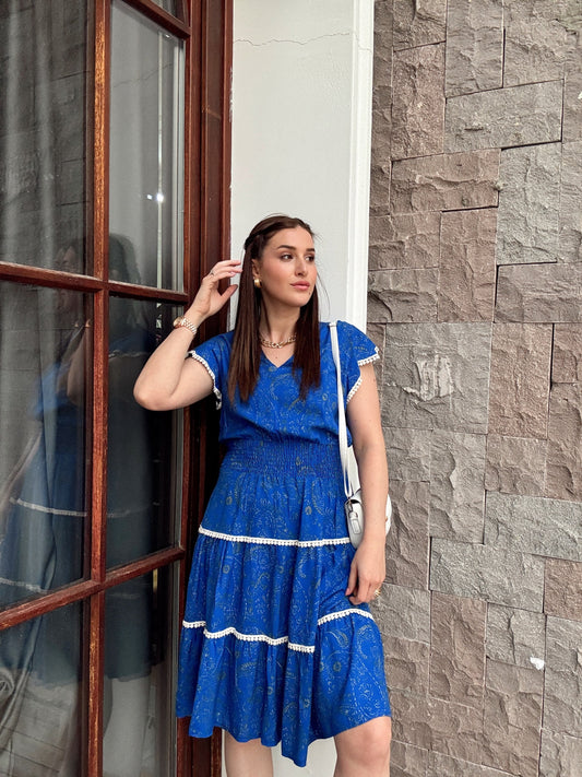 V yaka kol işleme detaylı elbise SAKS MAVİ