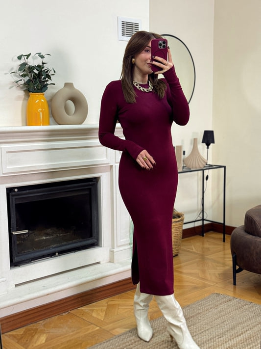 Bisiklet yaka parmak geçirmeli elbise-BORDO