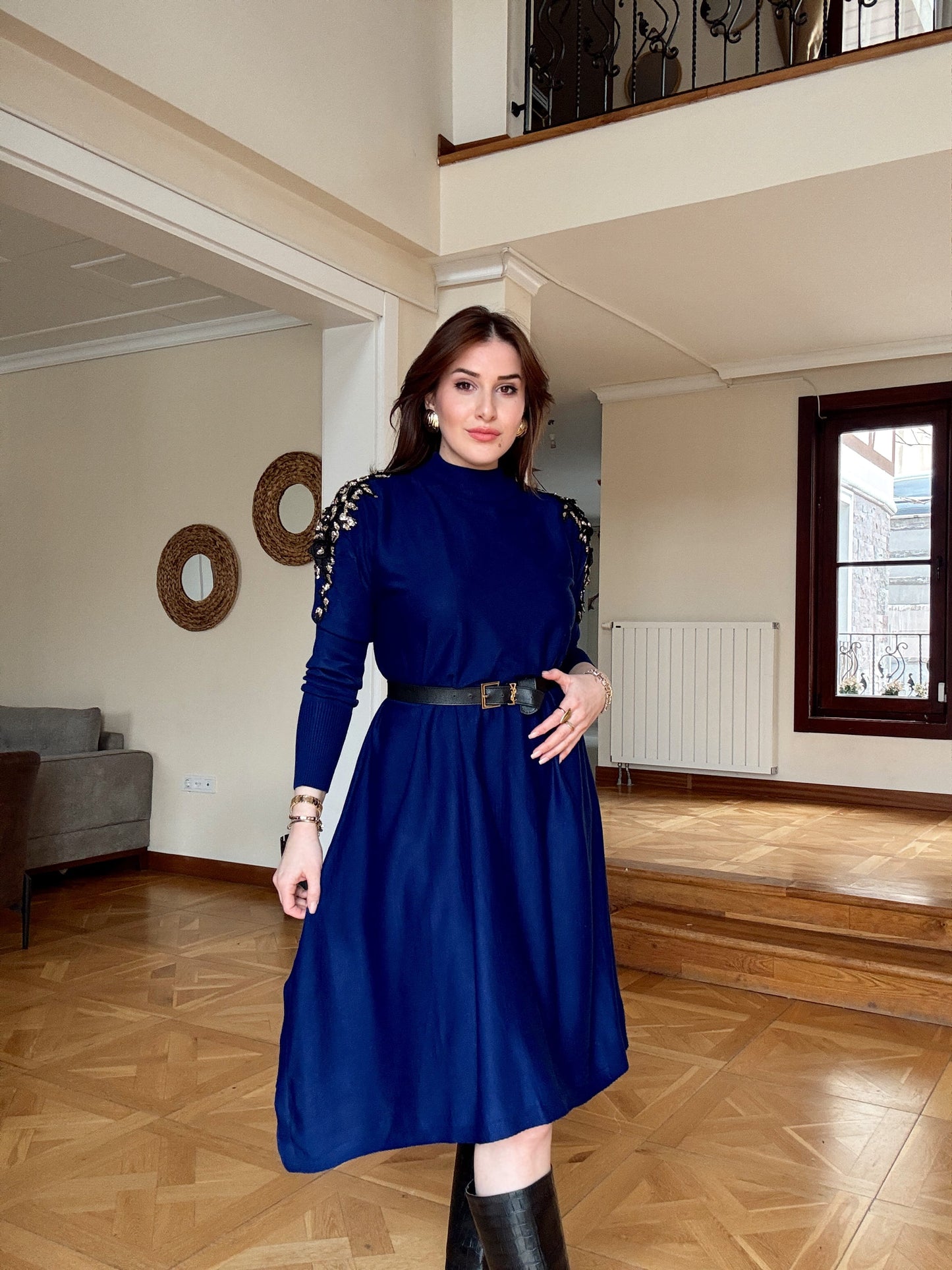 Omuz aksesuarlı tunik elbise -SAKS MAVİ