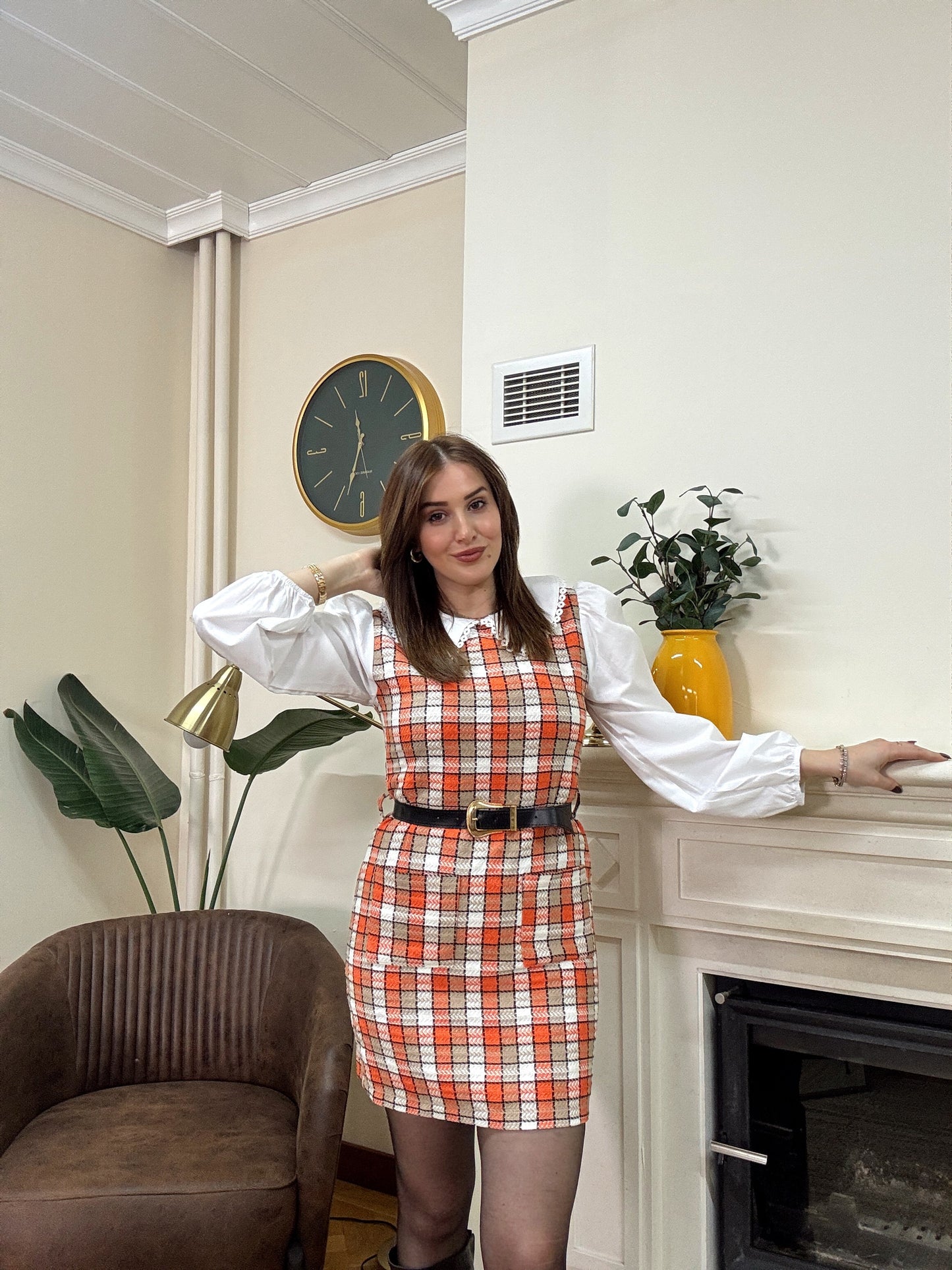 MOLLY ekose bebe yaka elbise-TURUNCU