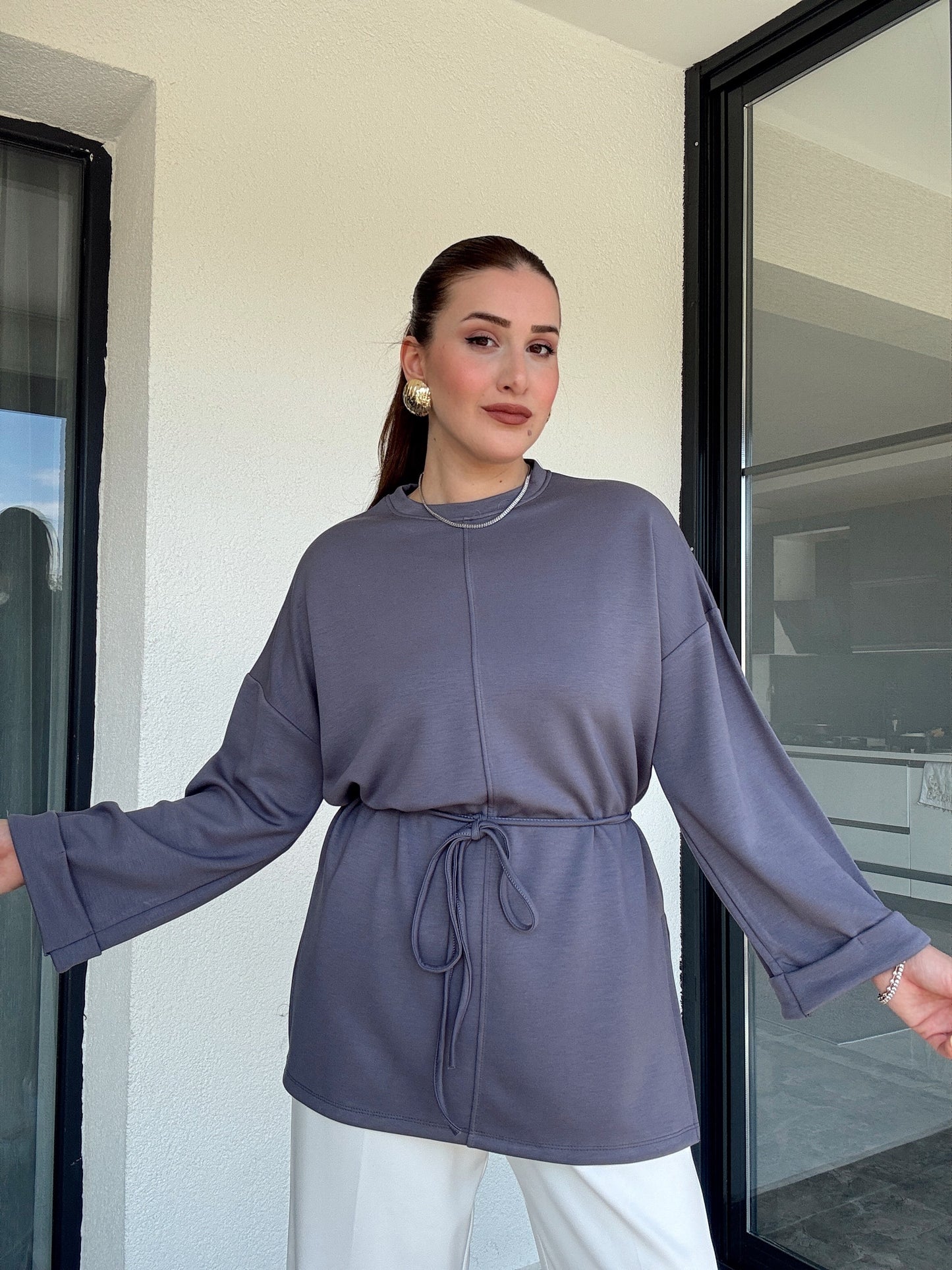 Modal kumaş duble kol tunik-GRİ