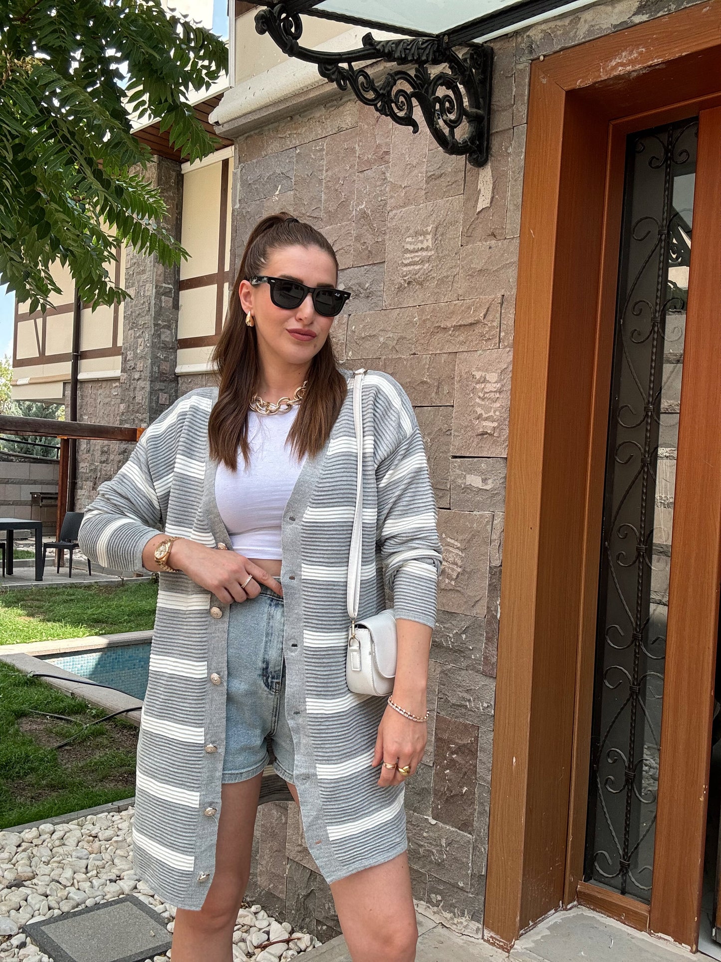 Çift Renk Çizgili Düğmeli Hırka - GRİ