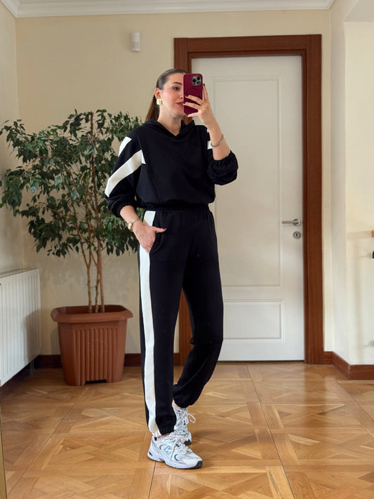 Modal Kapüşonlu Paça Lastikli Takım Siyah