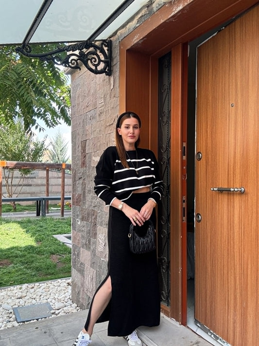 Çizgili Crop Kazak - SİYAH