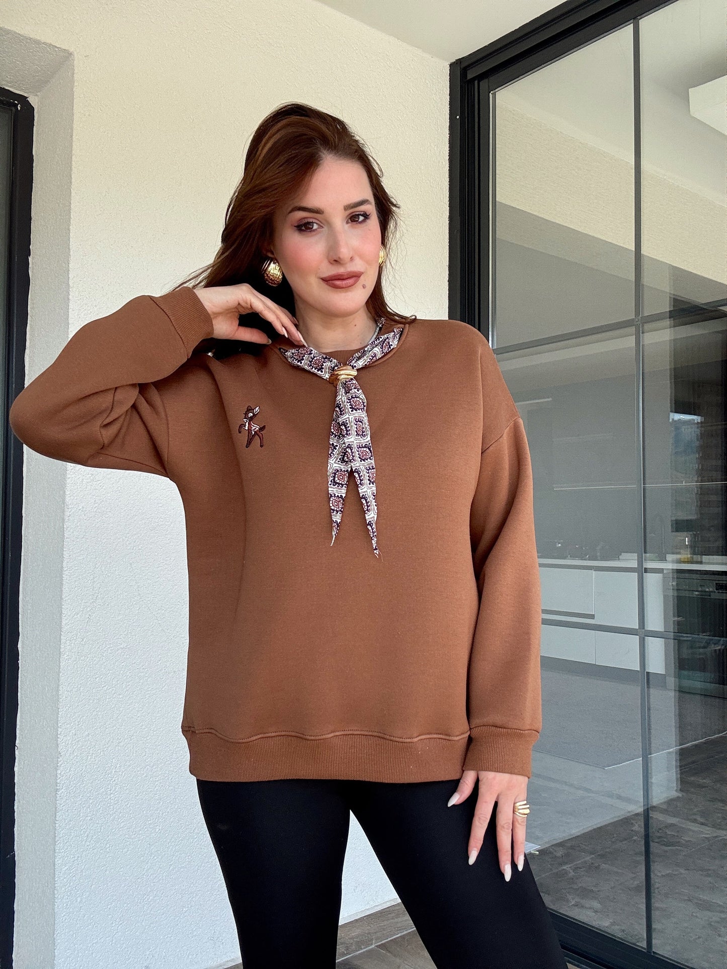 Üç iplik şal yaka sweat-KAHVERENGİ