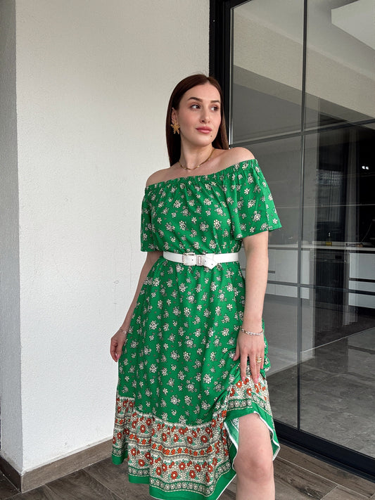 Madonna yaka desenli viskon elbise YEŞİL