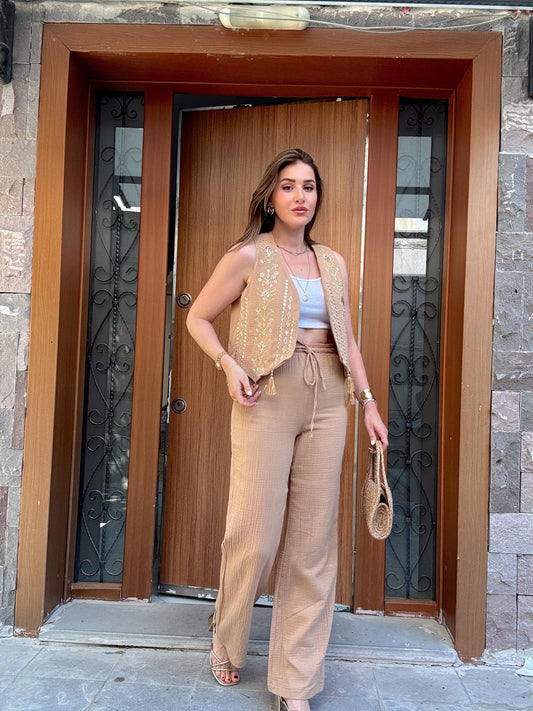 Bohem işlemeli yelek pantolon takım CAMEL