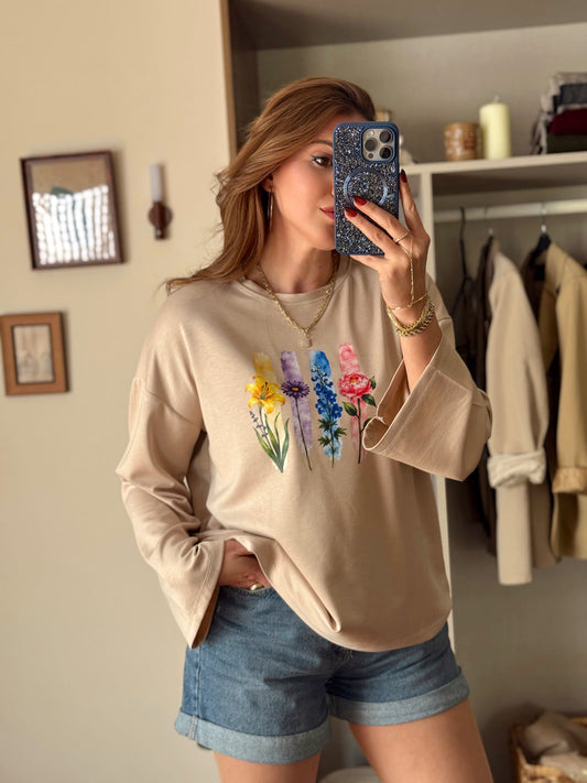 Çiçek desenli modal sweat Camel