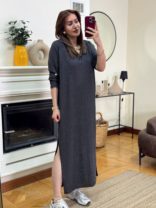 Polo yaka çift yıtmaç elbise-ANTRASİT