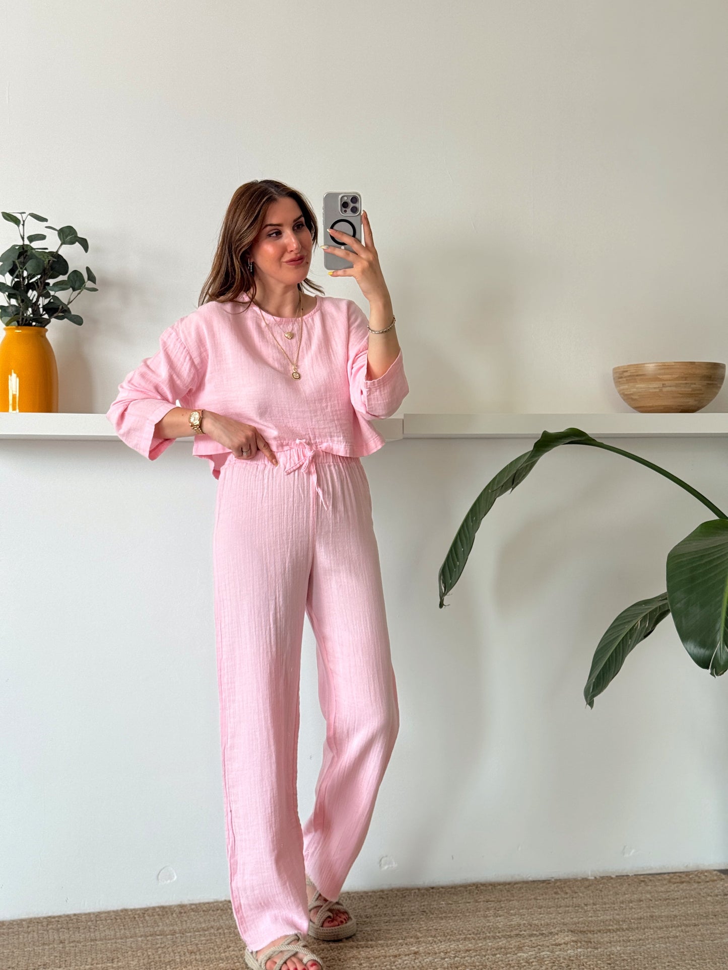 Keten uzun kol crop pantolon ikili takım PEMBE