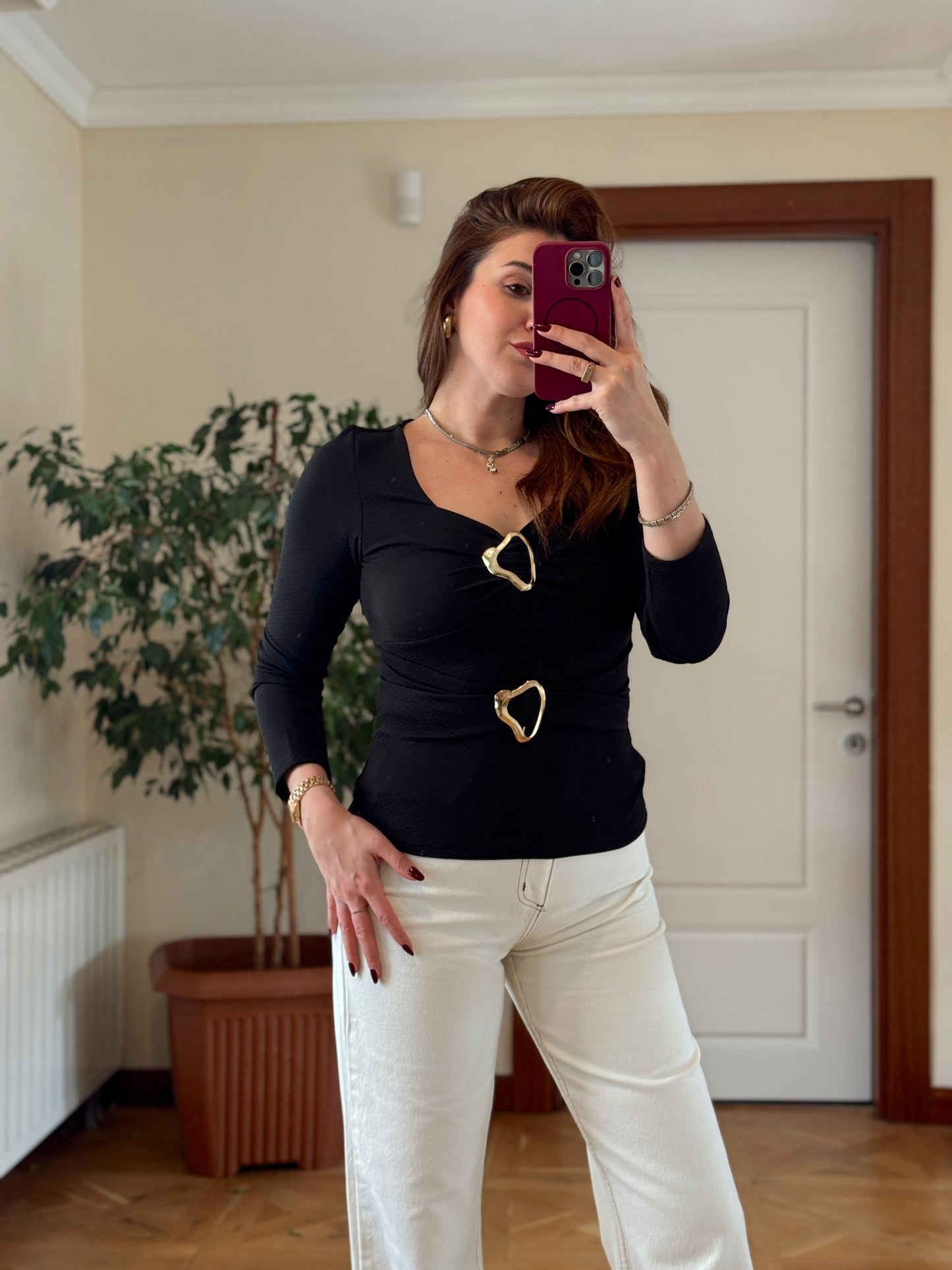 Çift tokalı bluz-SİYAH