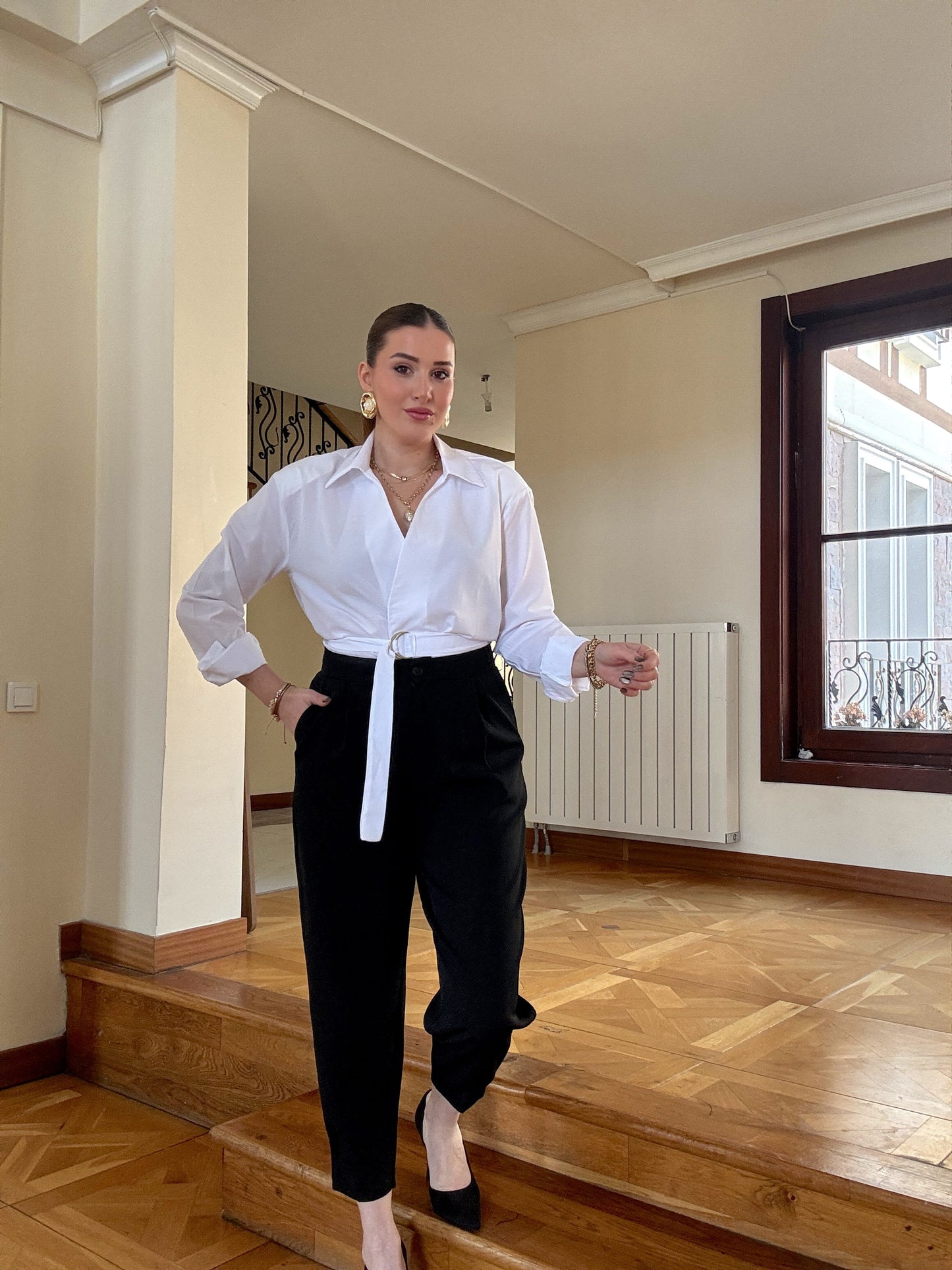 Paça dikişli yüksek bel şalvar pantolon SİYAH
