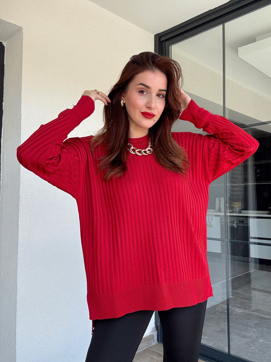 Oversize kesim kol düğmeli kazak KIRMIZI