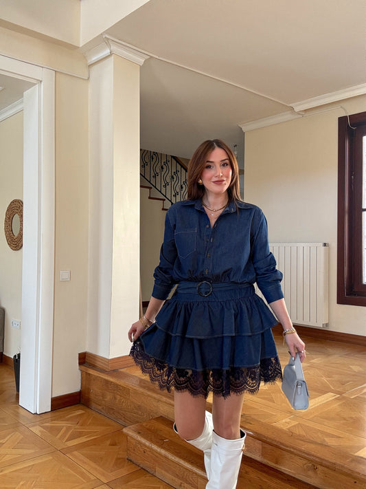 Eteği dantelli tensel elbise Mavi