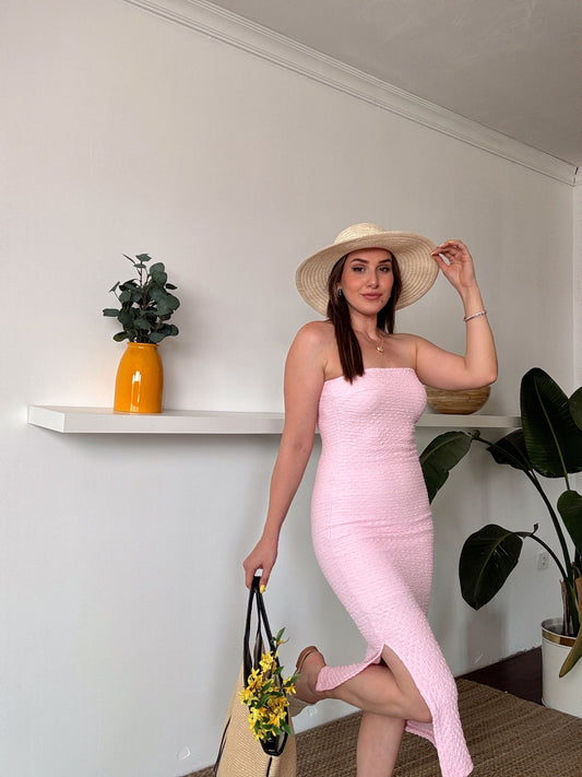 BEYDA straplez yırtmaçlı astarlı elbise PEMBE