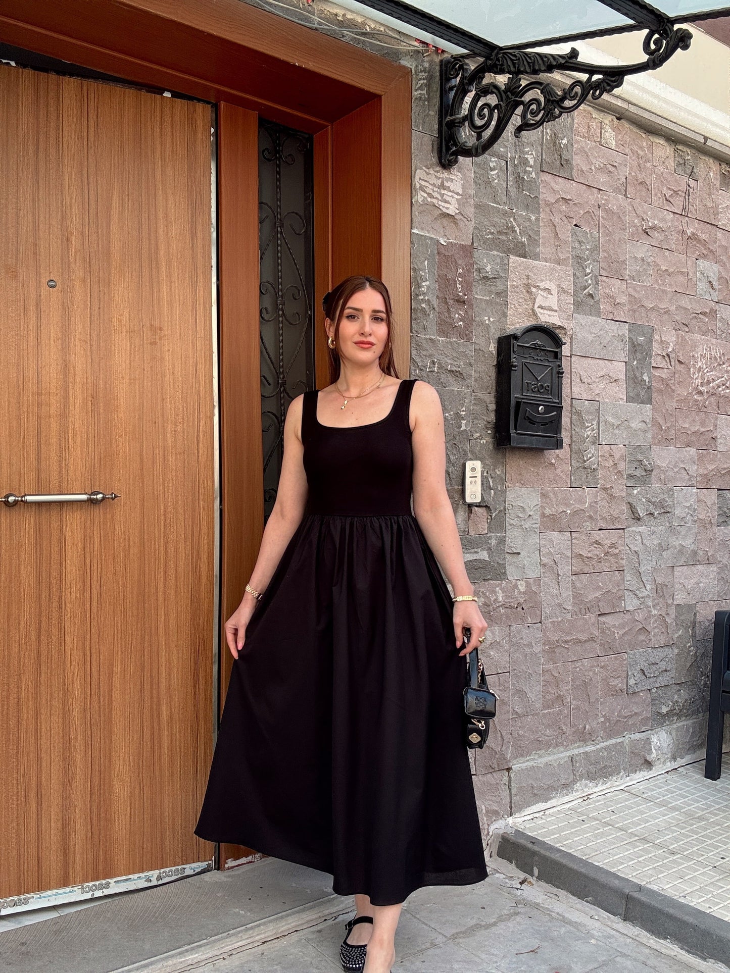 Kalın Askı Poplin Elbise Siyah