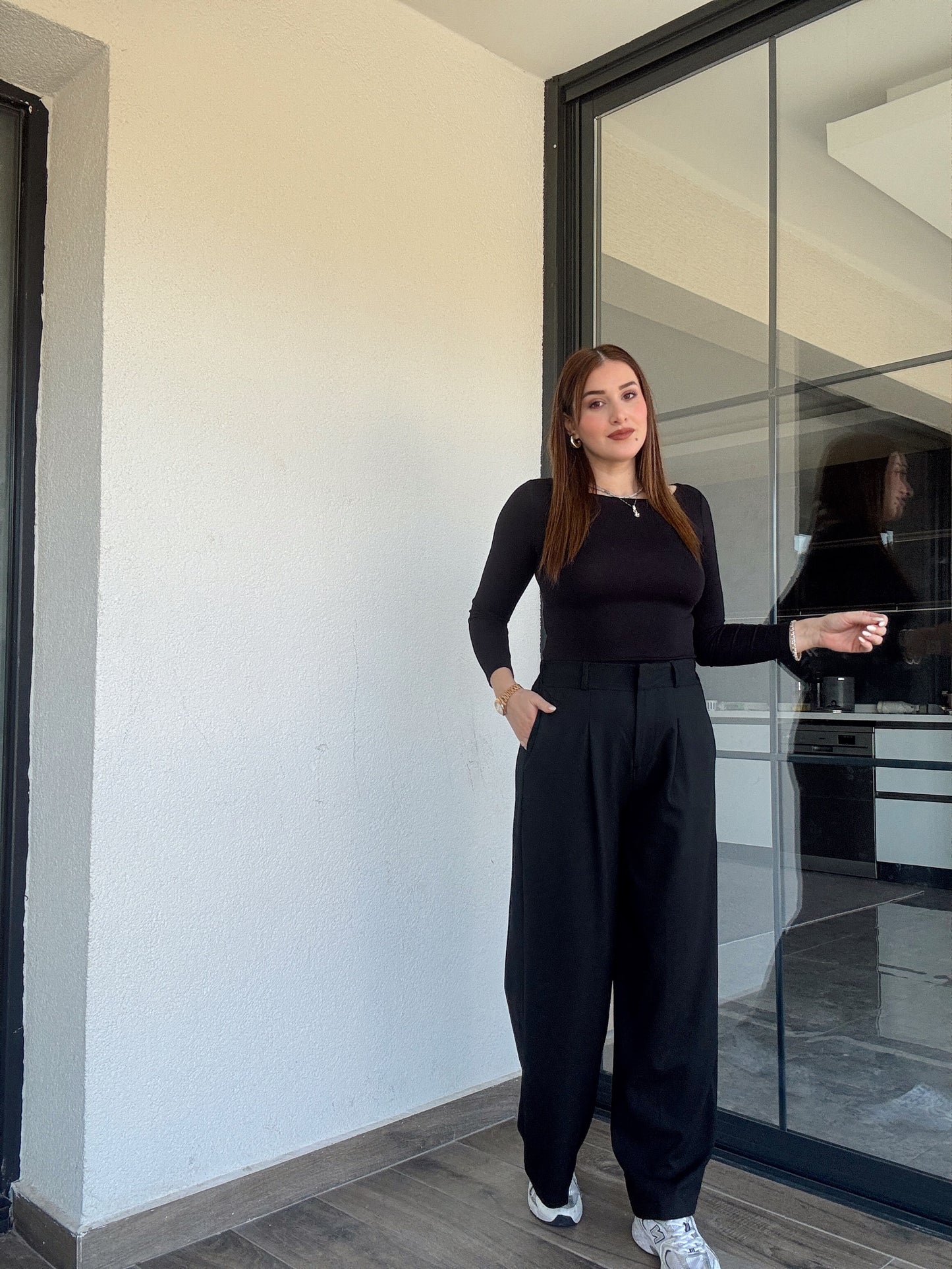 Çıtçıt detaylı palazzo pantolon-SİYAH