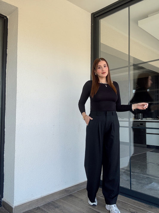 Çıtçıt detaylı palazzo pantolon-SİYAH