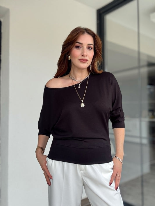 Kayık yaka modal kumaş bluz-SİYAH