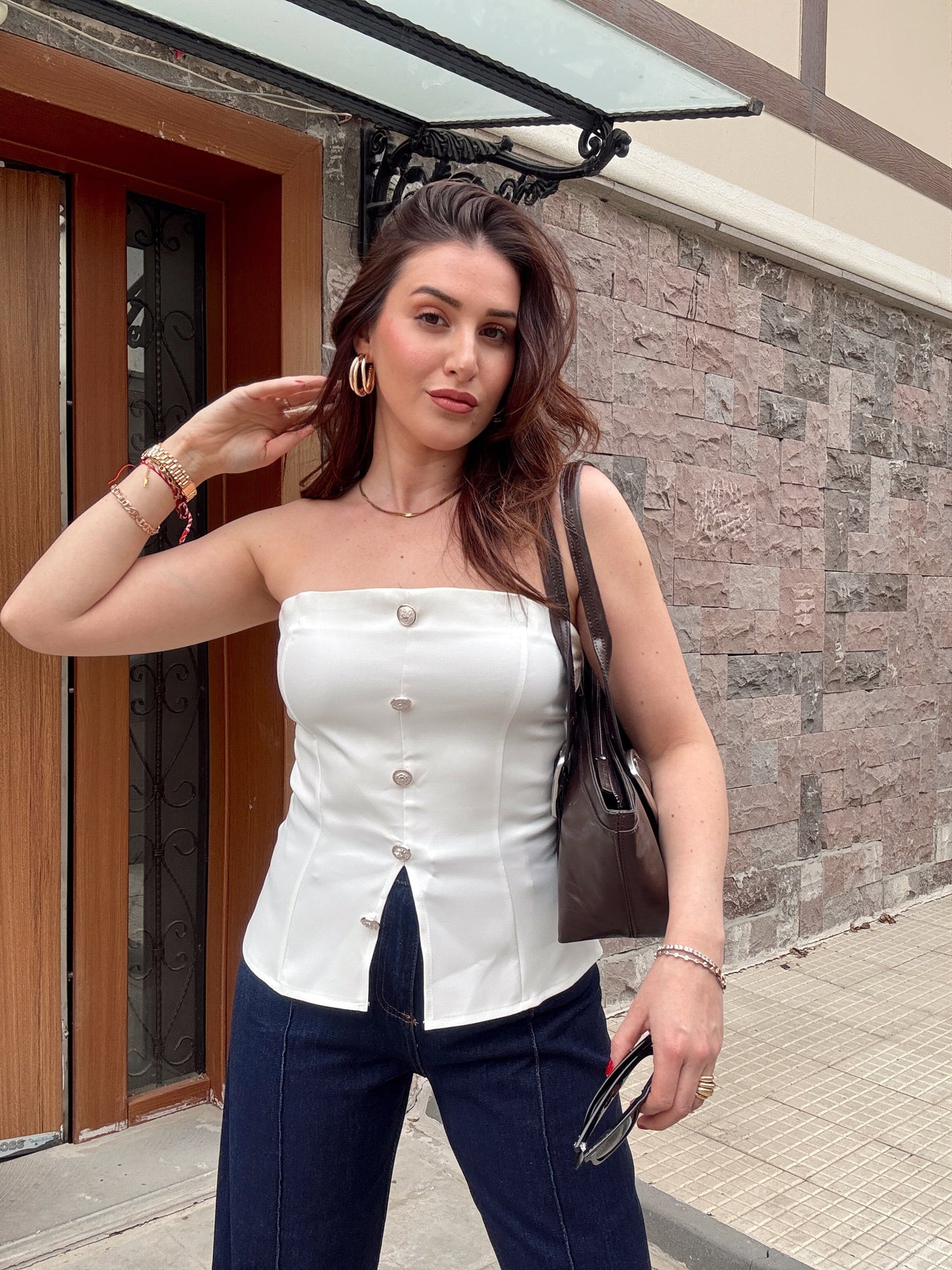 Straplez Önden Düğme Detaylı Bluz Beyaz
