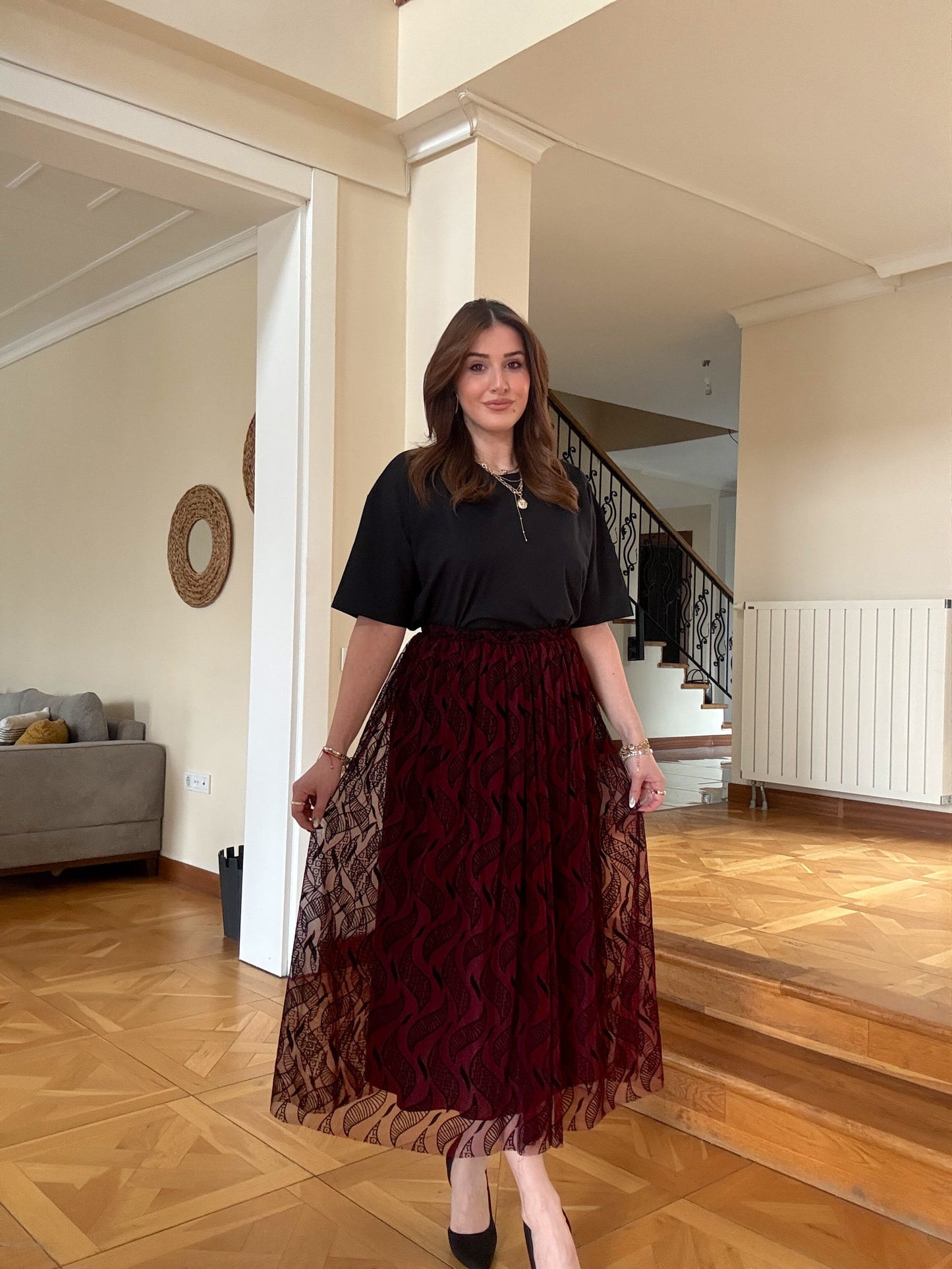 Kemerli Astarlı Şifon Etek Bordo