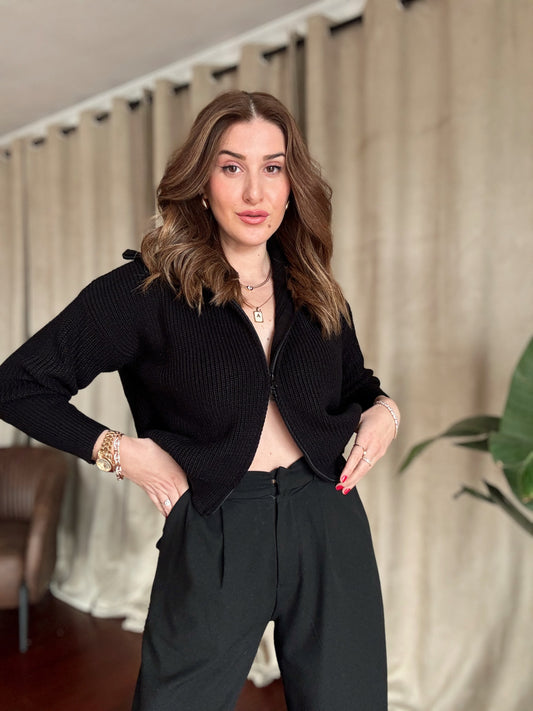 Fermuarlı Örgü Ceket - SİYAH