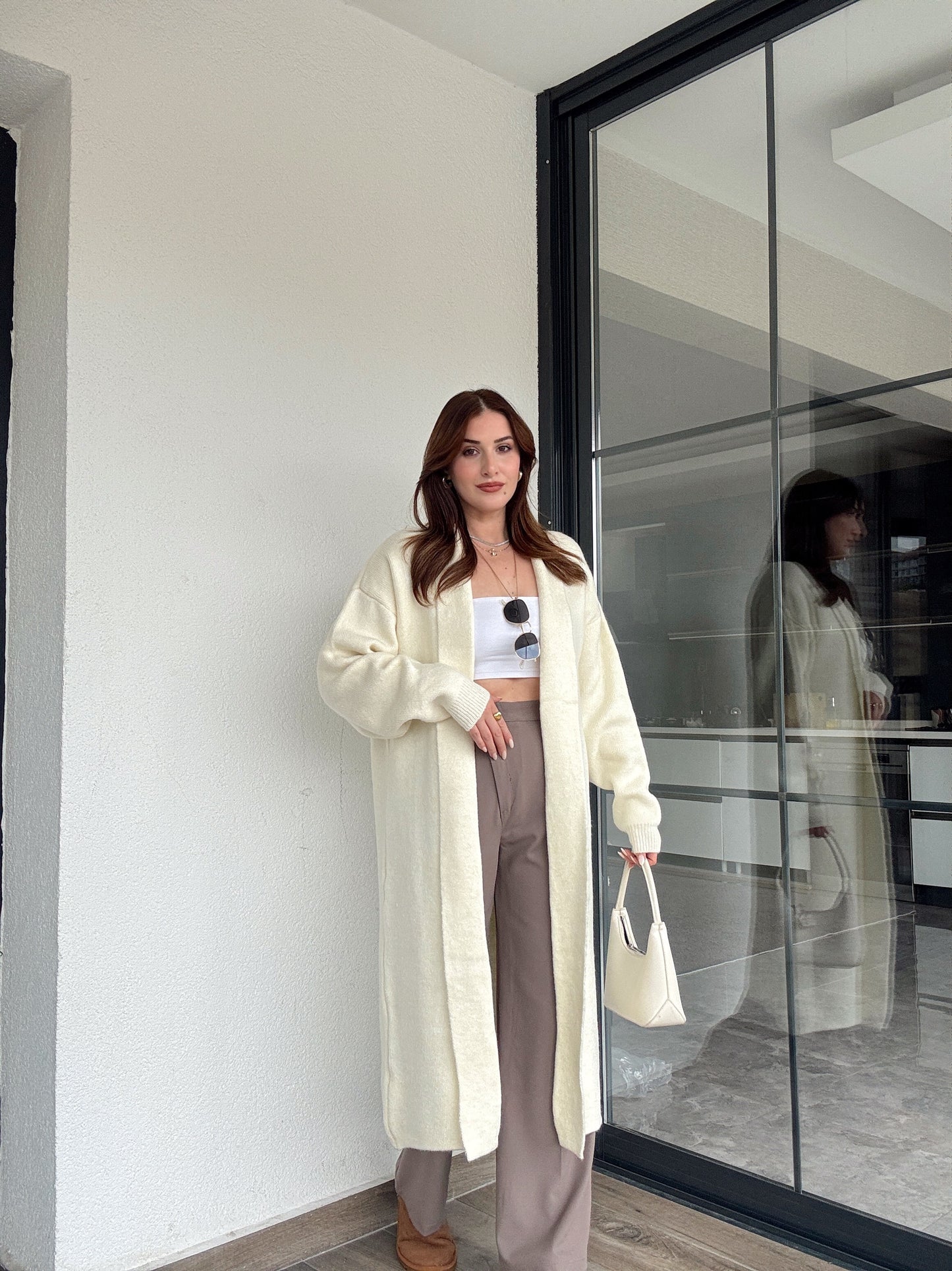 Şardonlu uzun hırka-BEJ