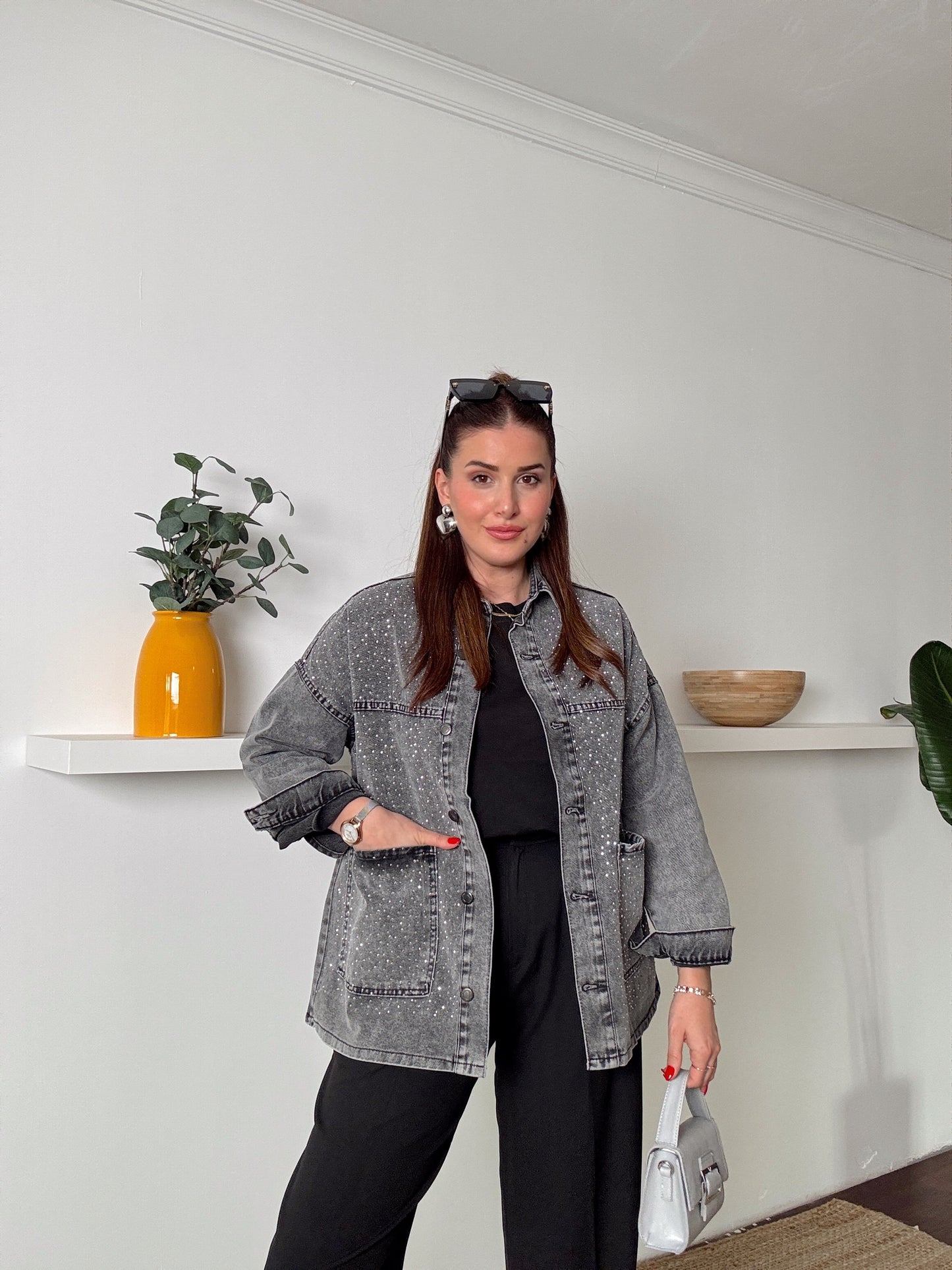 Cepli Taşlı oversize jean ceket Füme