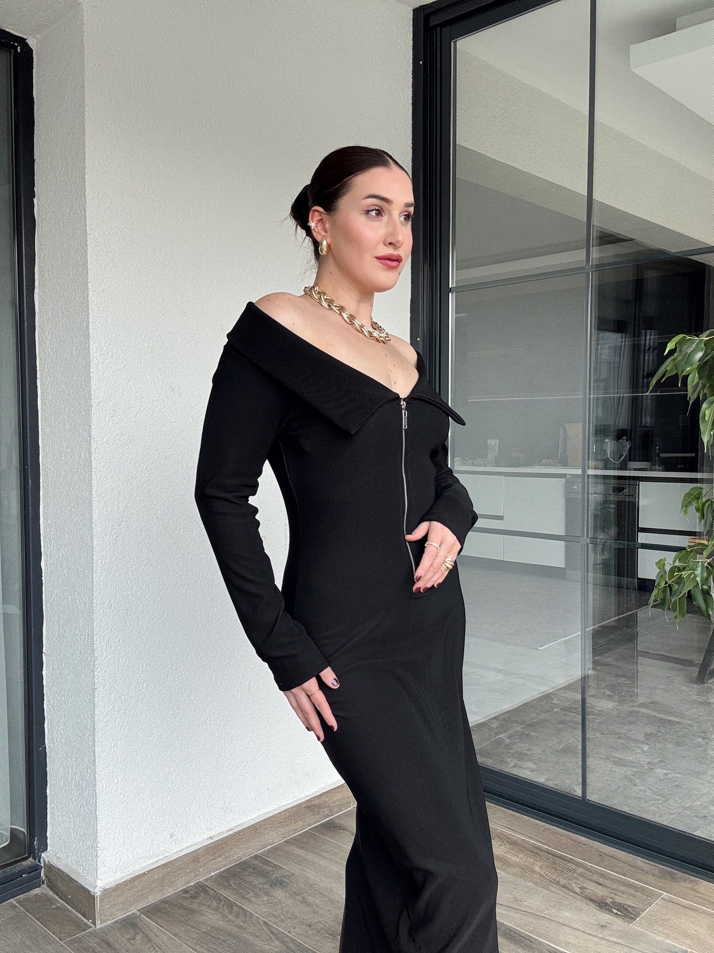 Madonna Yaka Ottoman Elbise - SİYAH