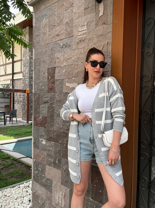 Çift Renk Çizgili Düğmeli Hırka - GRİ