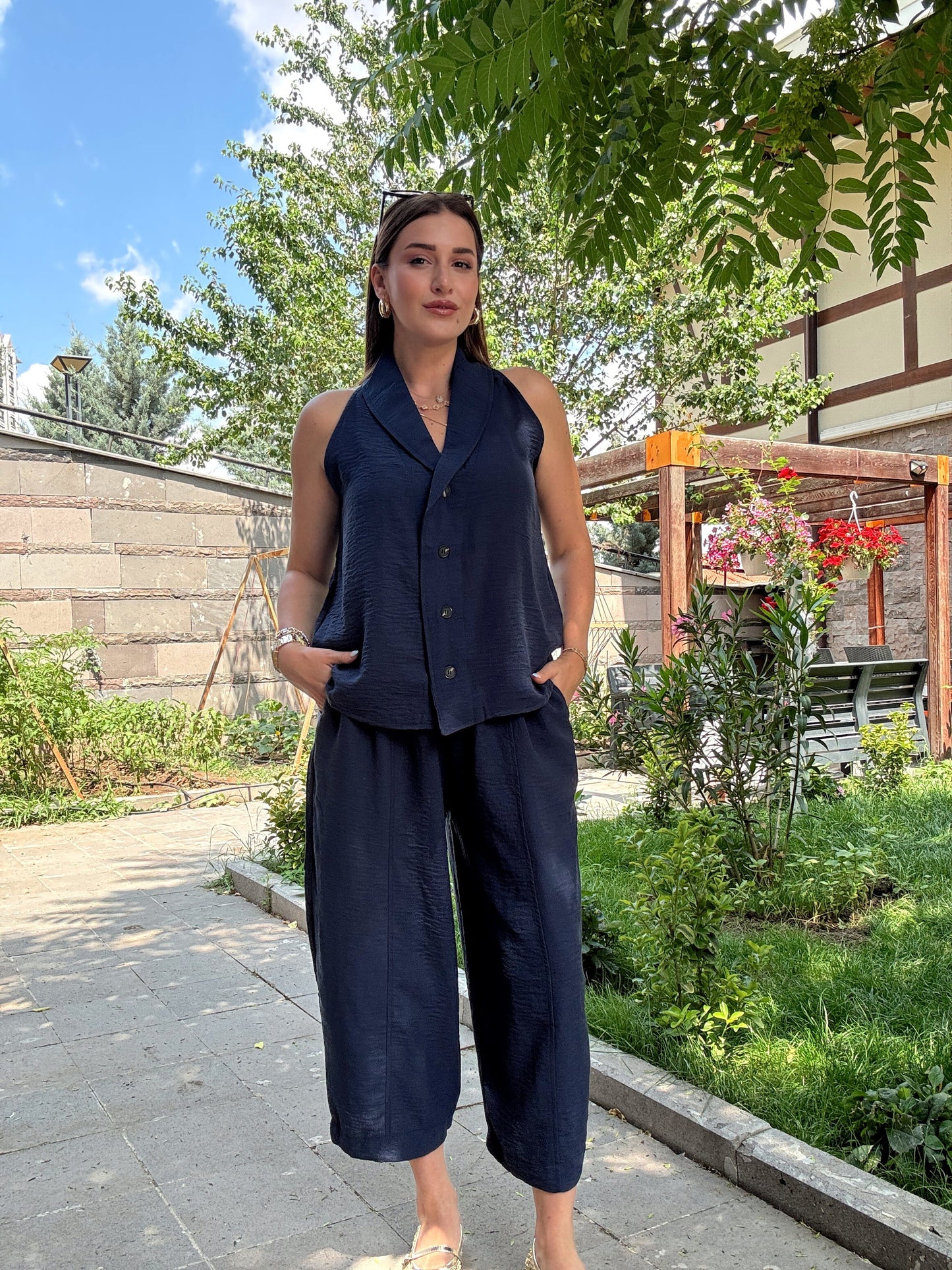Keten düğmeli sıfır kol takım LACİVERT