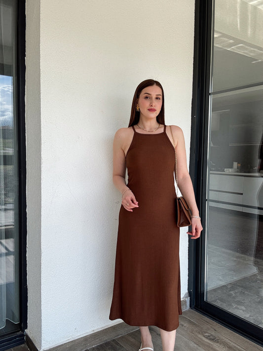 Askılı Okyanus Elbise Kahve