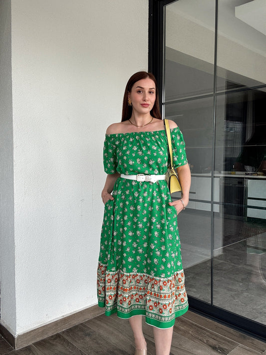 Madonna yaka desenli viskon elbise YEŞİL