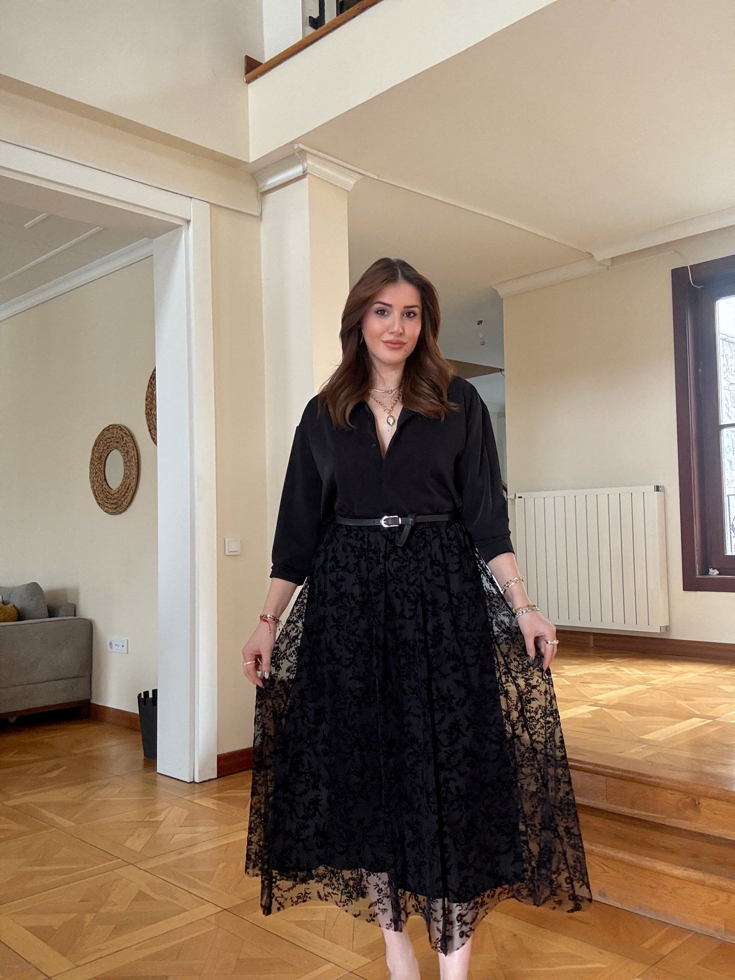 Gizli patlı saten gömlek Siyah