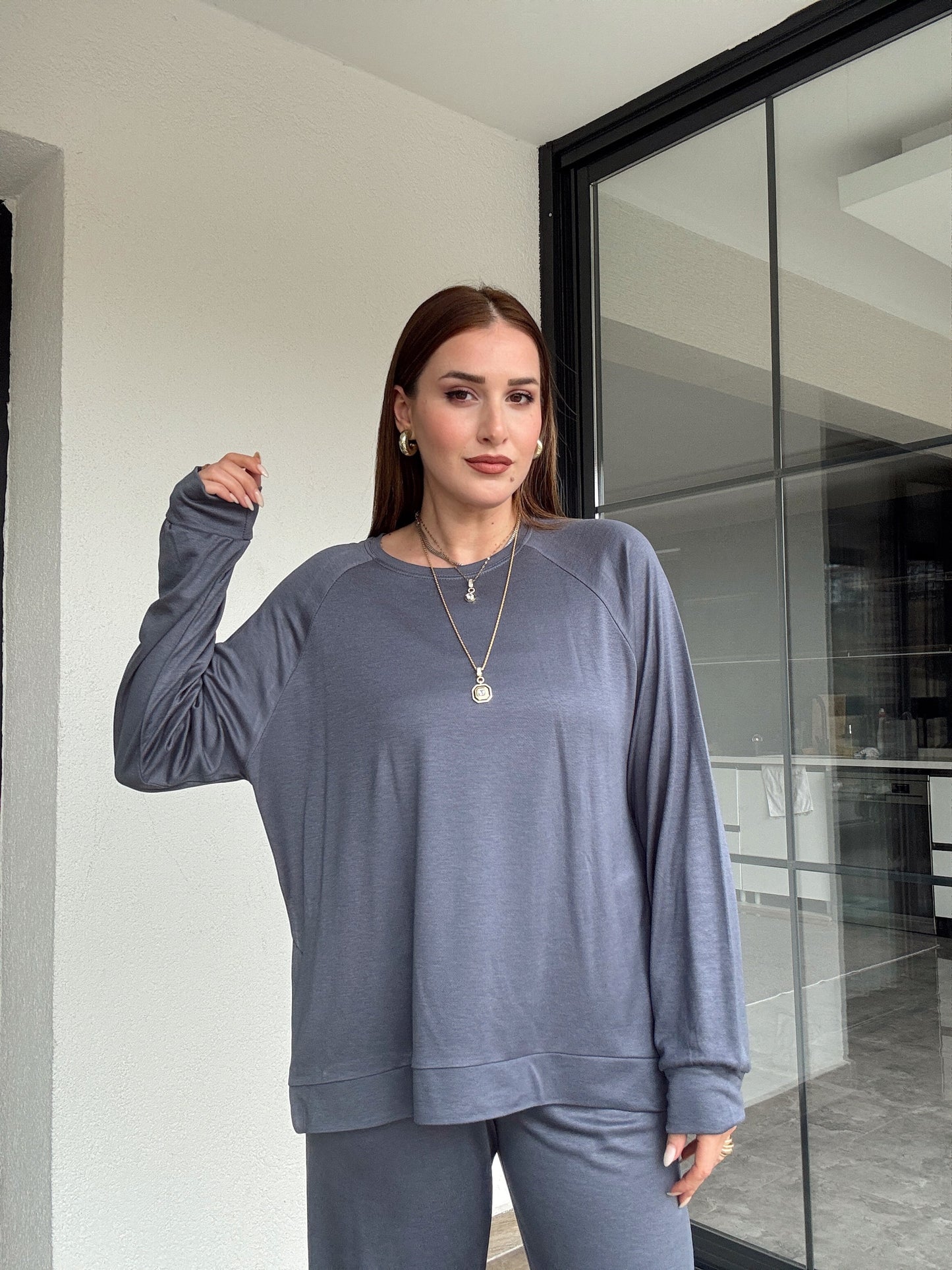 Modal kumaş reglan kol yırtmaç detaylı takım-FÜME