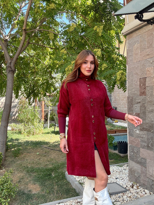 Sakal kumaş düğmeli premium hırka Bordo