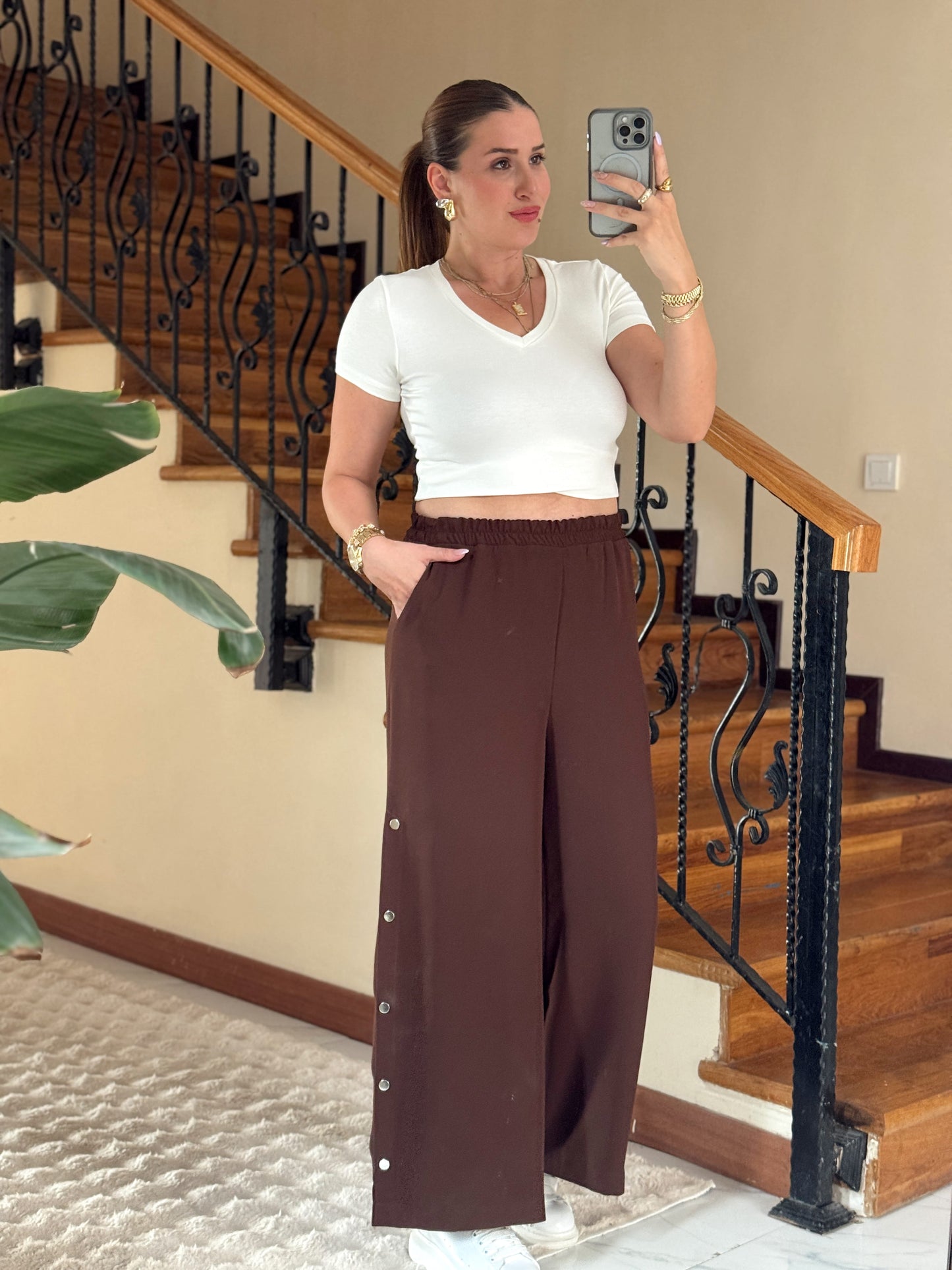 Yanları çıtçıtlı pantolon KAHVERENGİ