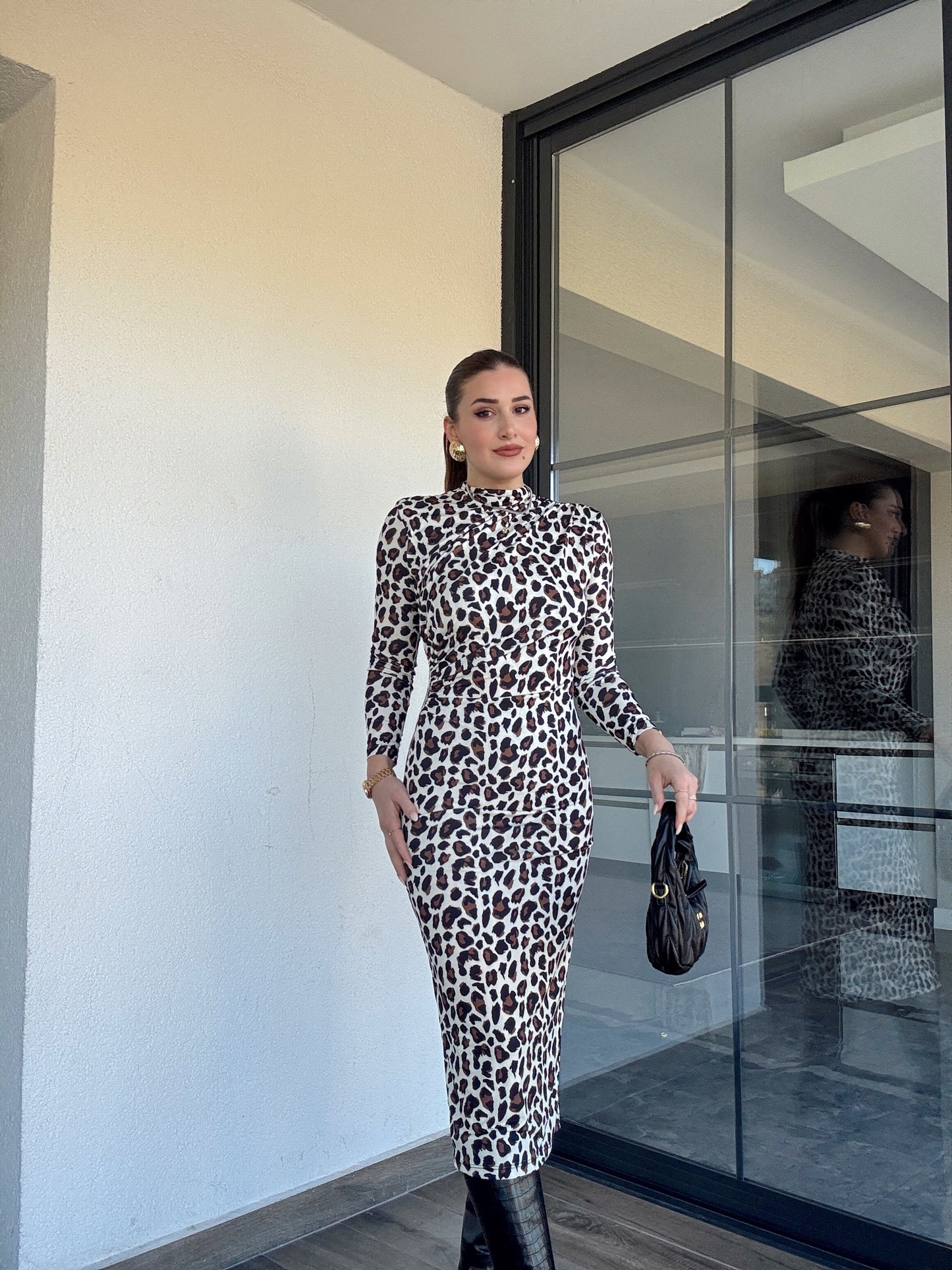 Sandy kumaş drape detaylı leopar elbise-BEJ