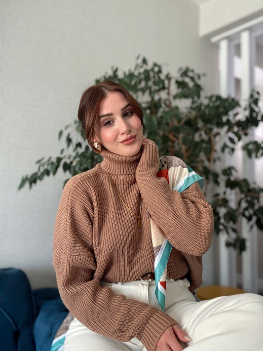 Balıkçı Yaka Selanik Örgü Kazak CAMEL