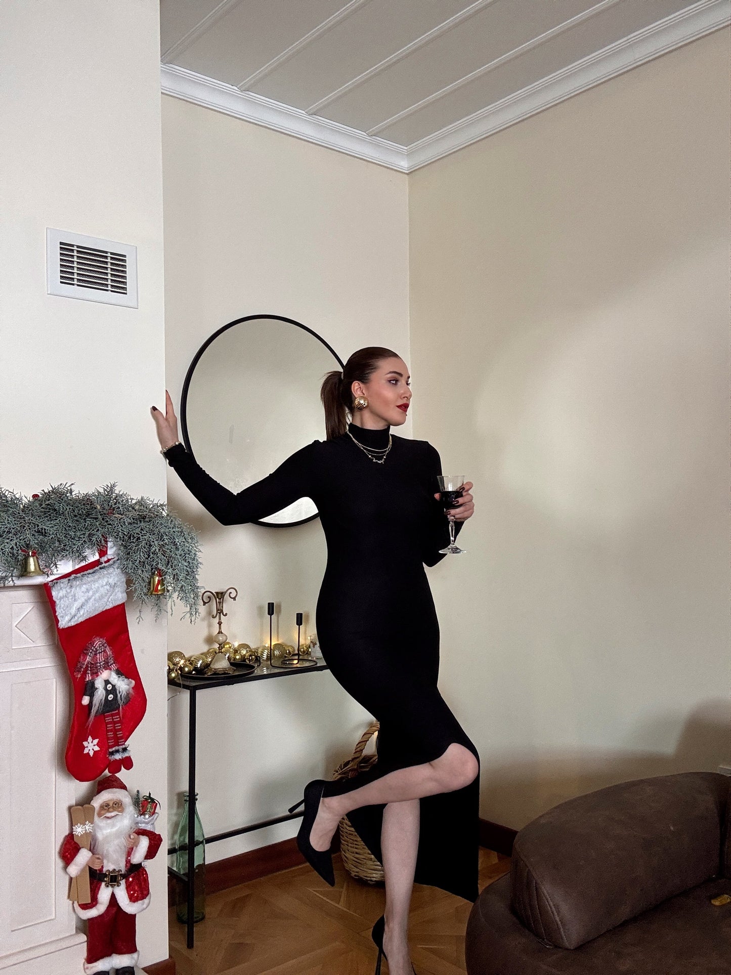 Yarım boğaz uzun kollu elbise-SİYAH