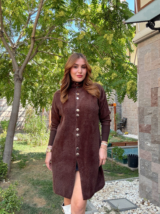 Sakal kumaş düğmeli premium hırka Kahve