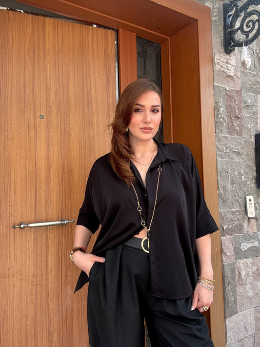 kolye detaylı kapri kol tensel gömlek SİYAH